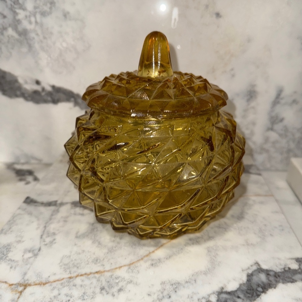 Vintage Rossini Empoli Italian Amber Glass Round Lidded Candy Jar